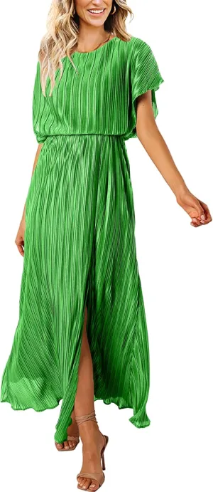 ECOWISH Summer Maxi Dress Women Cocktail Formal Wedding Guest Long Short Sleeve Pleated Dresses Empire Waist Crew Neck Slit