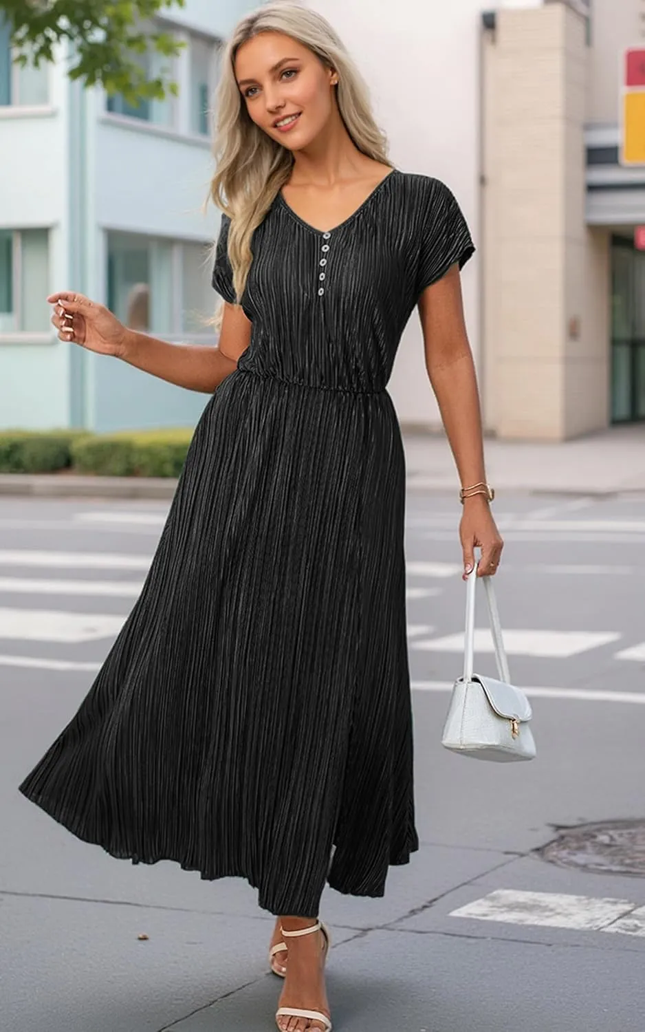 ECOWISH Summer Maxi Dress Women Cocktail Formal Wedding Guest Long Short Sleeve Pleated Dresses Empire Waist Crew Neck Slit