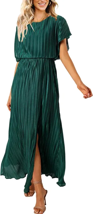 ECOWISH Summer Maxi Dress Women Cocktail Formal Wedding Guest Long Short Sleeve Pleated Dresses Empire Waist Crew Neck Slit