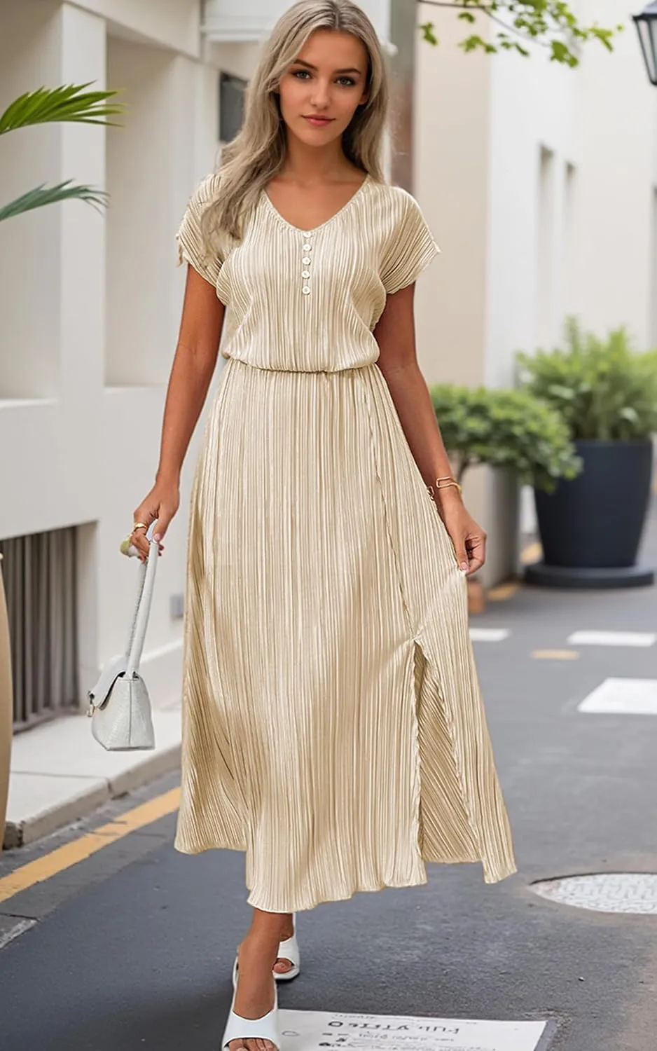 ECOWISH Summer Maxi Dress Women Cocktail Formal Wedding Guest Long Short Sleeve Pleated Dresses Empire Waist Crew Neck Slit