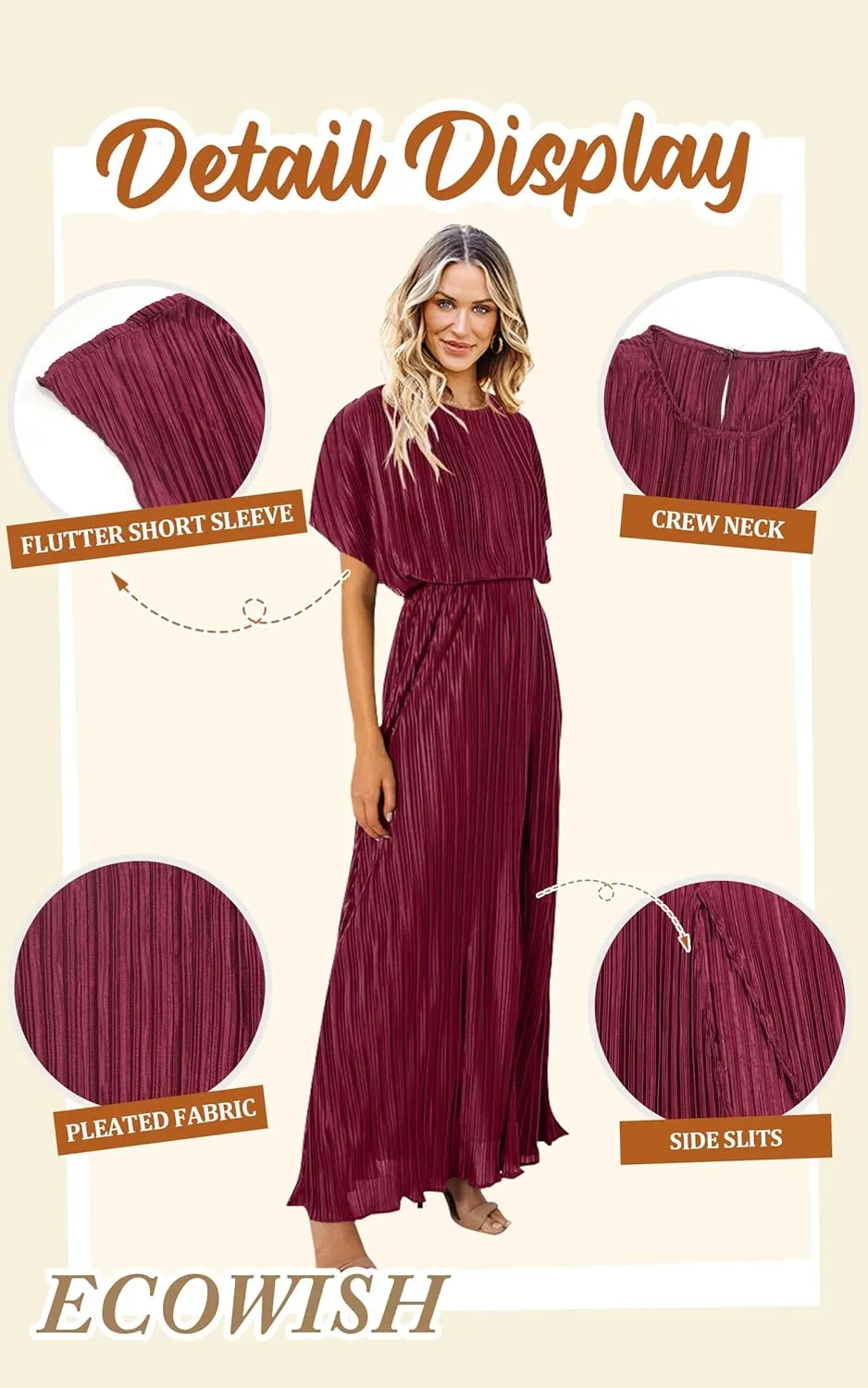 ECOWISH Summer Maxi Dress Women Cocktail Formal Wedding Guest Long Short Sleeve Pleated Dresses Empire Waist Crew Neck Slit
