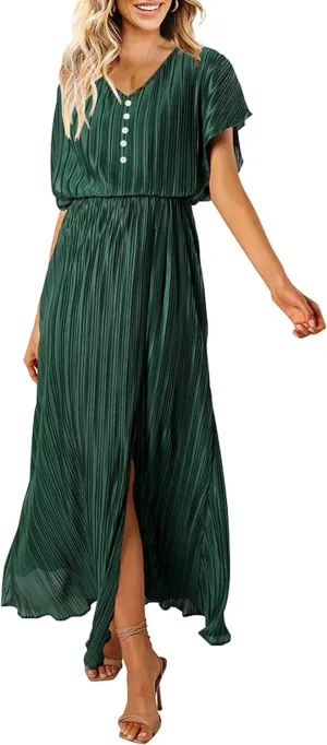ECOWISH Summer Maxi Dress Women Cocktail Formal Wedding Guest Long Short Sleeve Pleated Dresses Empire Waist Crew Neck Slit