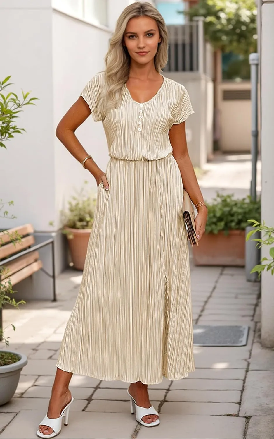ECOWISH Summer Maxi Dress Women Cocktail Formal Wedding Guest Long Short Sleeve Pleated Dresses Empire Waist Crew Neck Slit
