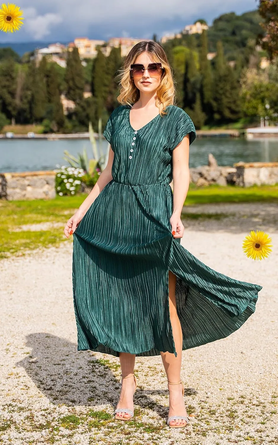 ECOWISH Summer Maxi Dress Women Cocktail Formal Wedding Guest Long Short Sleeve Pleated Dresses Empire Waist Crew Neck Slit