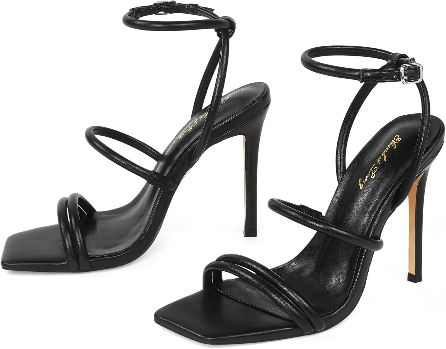 Elisabet Tang 4 inch Stylish Ankle Strap Stiletto Sandals for Women - Sexy Square Open toe Gladiator High Heels for Party Commuting Daily use