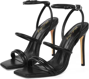 Elisabet Tang 4 inch Stylish Ankle Strap Stiletto Sandals for Women - Sexy Square Open toe Gladiator High Heels for Party Commuting Daily use