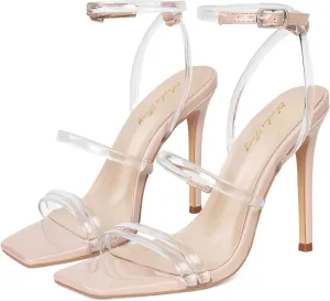 Elisabet Tang 4 inch Stylish Ankle Strap Stiletto Sandals for Women - Sexy Square Open toe Gladiator High Heels for Party Commuting Daily use