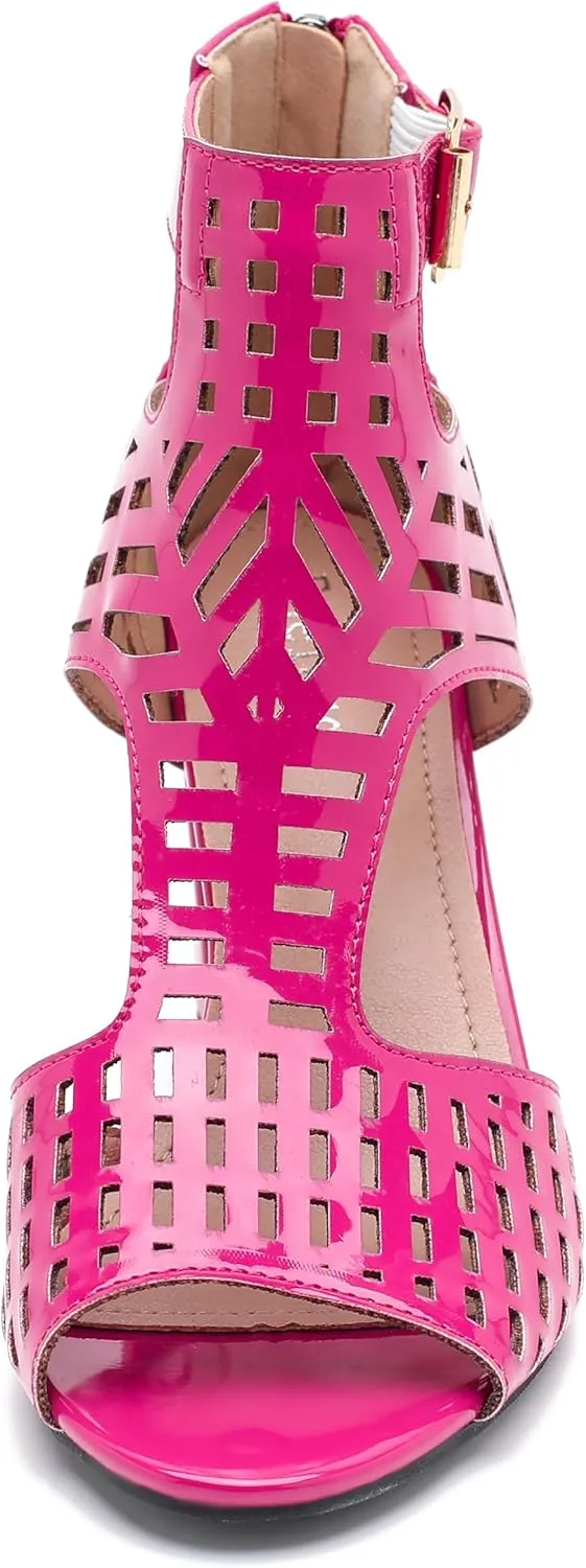 Enelauge Women's Gladiator Sandals Strappy Hollow Out Chunky High Heels Open Toe Ankle Strap Dressy Pumps with Back Zip Cutout Heeled Bohemian Summer Party Sandals