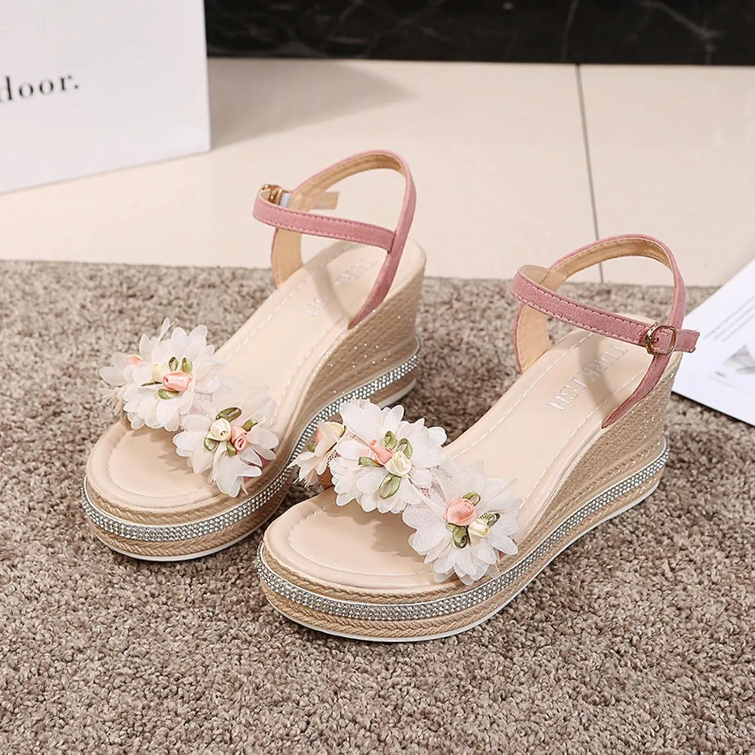 Espadrille Platform Wedge Sandals for Women Flower Decor Open Toe Dressy Wedges Elastic Ankle Strap Summer Sandals
