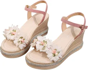 Espadrille Platform Wedge Sandals for Women Flower Decor Open Toe Dressy Wedges Elastic Ankle Strap Summer Sandals