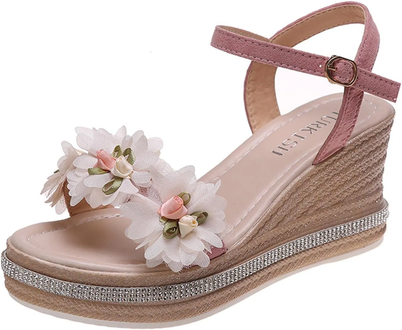 Espadrille Platform Wedge Sandals for Women Flower Decor Open Toe Dressy Wedges Elastic Ankle Strap Summer Sandals