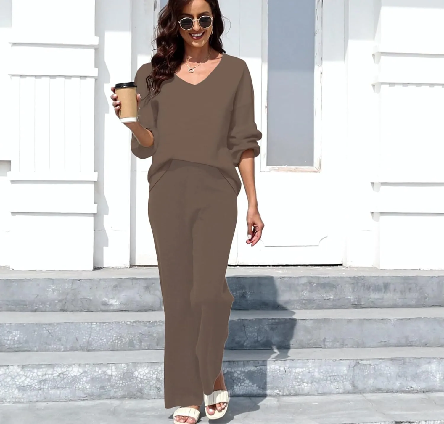ETCYY NEW Womens 2 Piece Outfits Sweater Lounge Set Casual V Neck Knit Pajama Set Long Sleeve Top Wide Leg Pants Loungewear