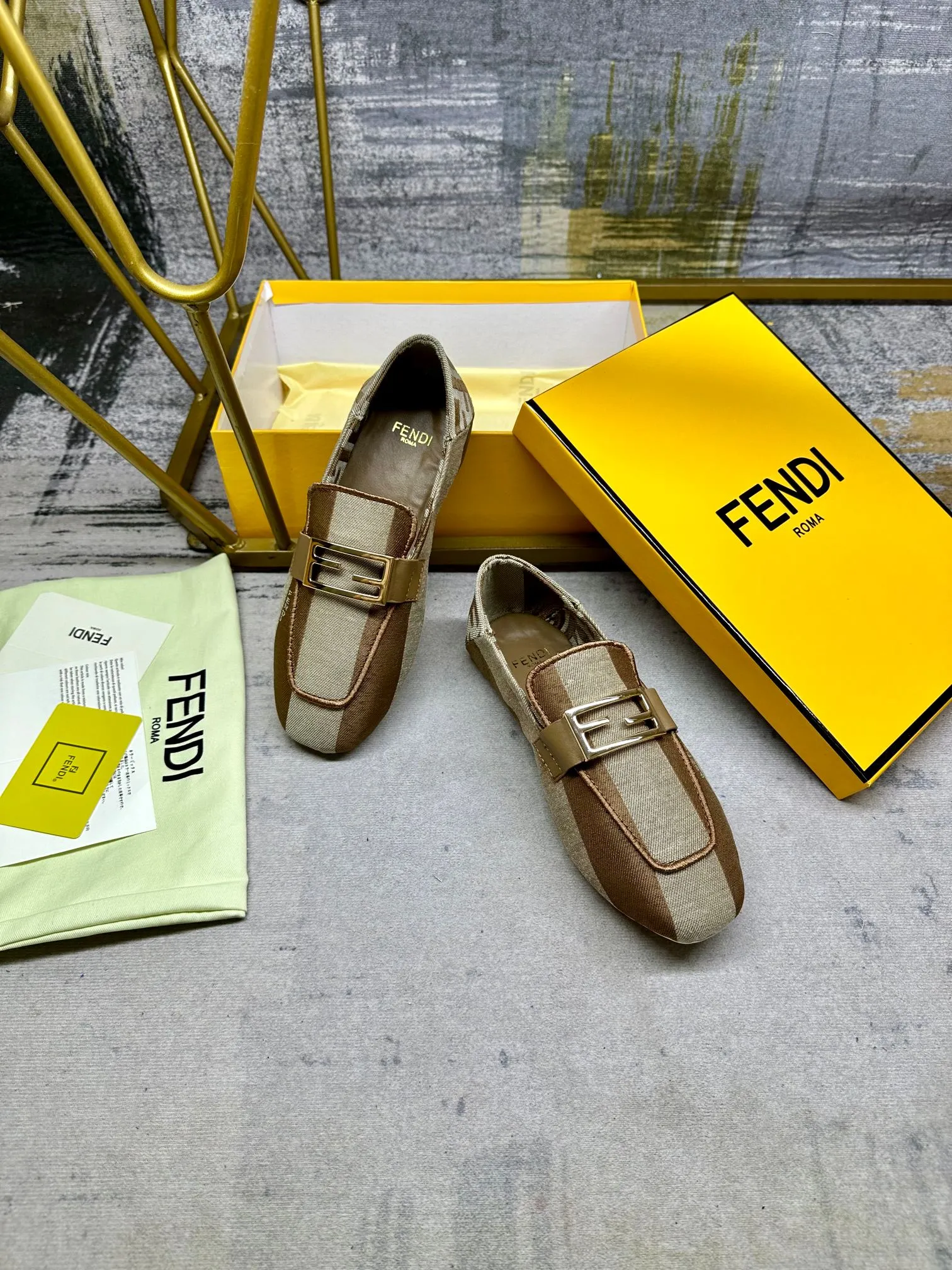 FENDI BAGUETTE LOAFERS IN BEIGE MIX BROWN CANVAS GOLD HARDWARE