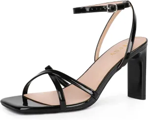 FIFSY Women's Sandals Ankle Strap High Heel Sexy Strappy Sandals Open Toe Heels 3 in Inch Square Toe Heeled Pumps Sandals for Women Black US6
