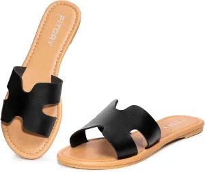 FITORY Women's Comfortable Dressy Leather Flat Sandals - Stylish & Beautiful Summer Slides Size 6-11