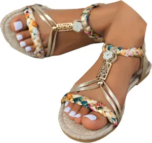 Flat Sandals For Women,Rhinestone Bohemian Braided Flat Sandals Comfortable Walking Casual Beach Ankle Elastic Summer Shoes
