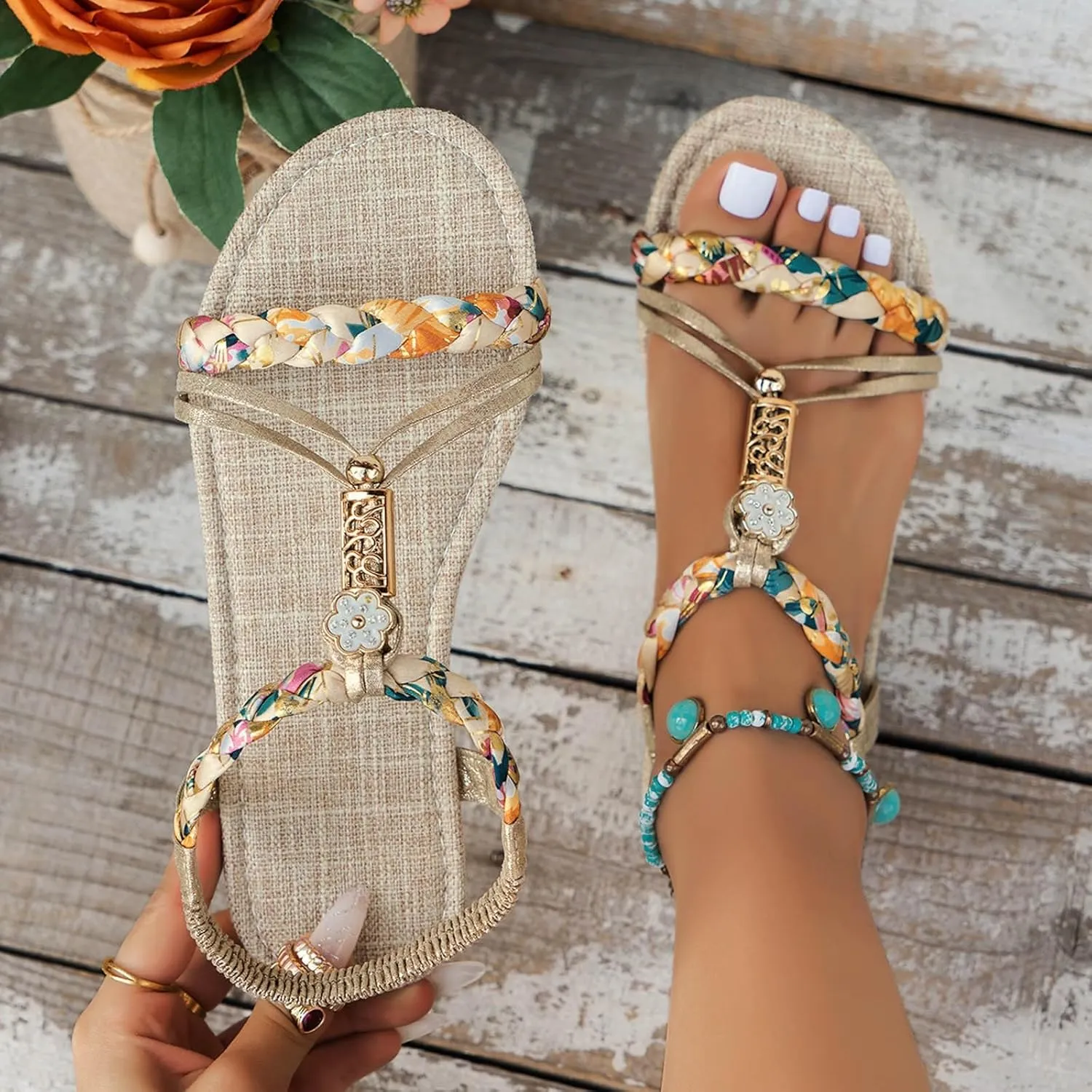 Flat Sandals For Women,Rhinestone Bohemian Braided Flat Sandals Comfortable Walking Casual Beach Ankle Elastic Summer Shoes