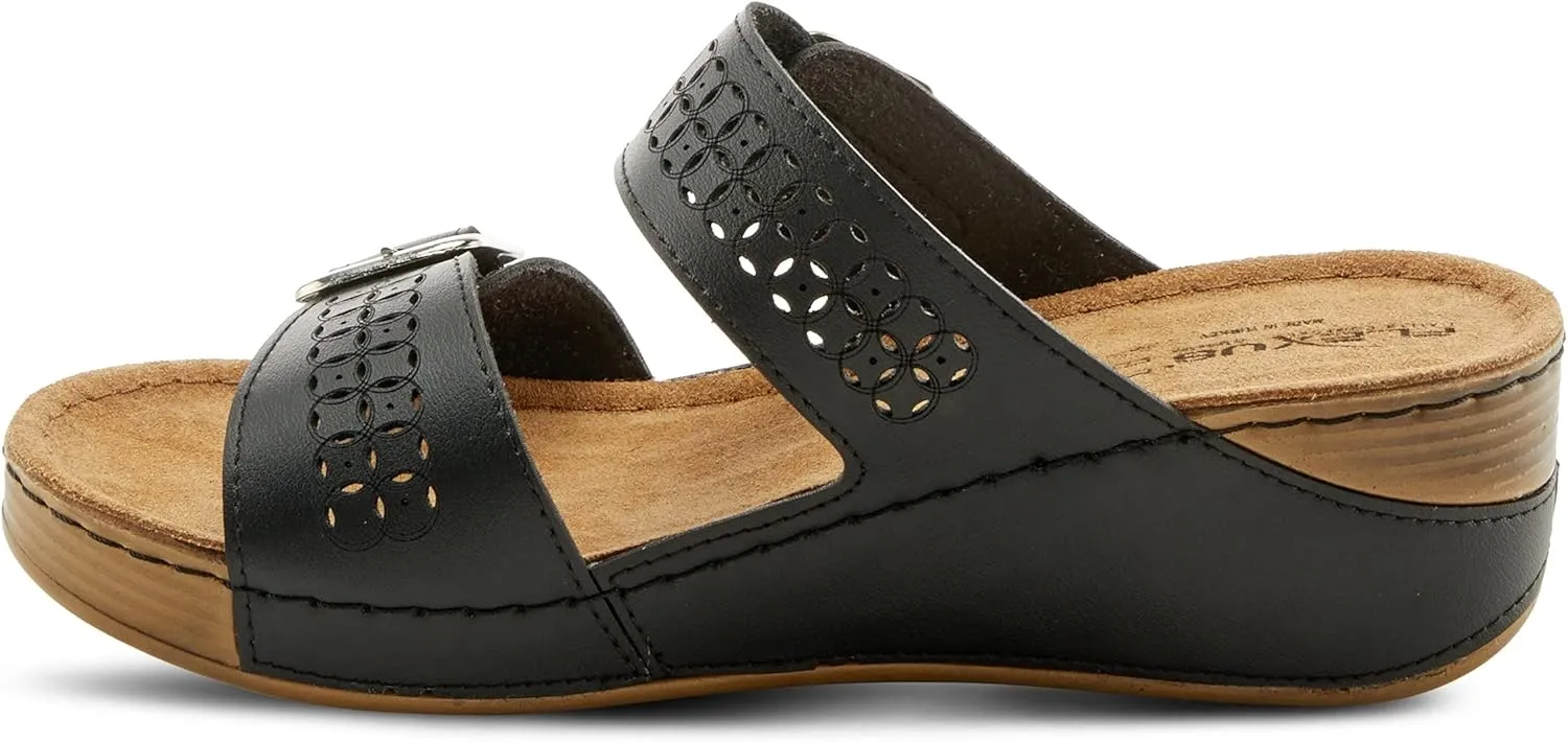 Flexus Women's Thrume Slide Sandals – Stylish Double Strap with Buckle Accents, Leather Insole & Anti-Shock Slip-Resistant Sole