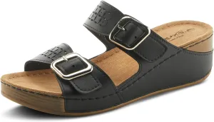 Flexus Women's Thrume Slide Sandals – Stylish Double Strap with Buckle Accents, Leather Insole & Anti-Shock Slip-Resistant Sole