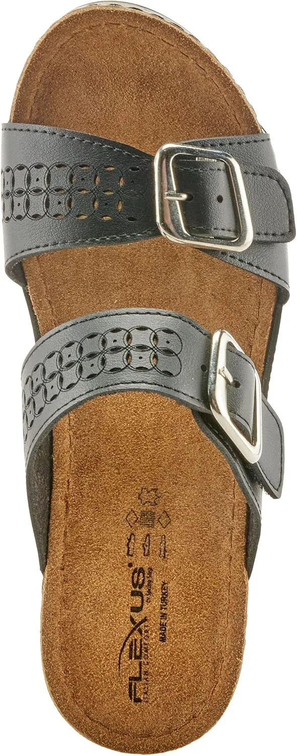 Flexus Women's Thrume Slide Sandals – Stylish Double Strap with Buckle Accents, Leather Insole & Anti-Shock Slip-Resistant Sole