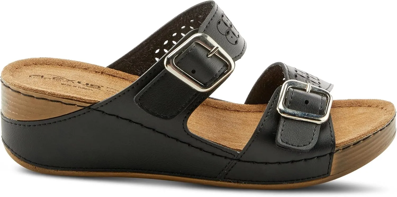 Flexus Women's Thrume Slide Sandals – Stylish Double Strap with Buckle Accents, Leather Insole & Anti-Shock Slip-Resistant Sole