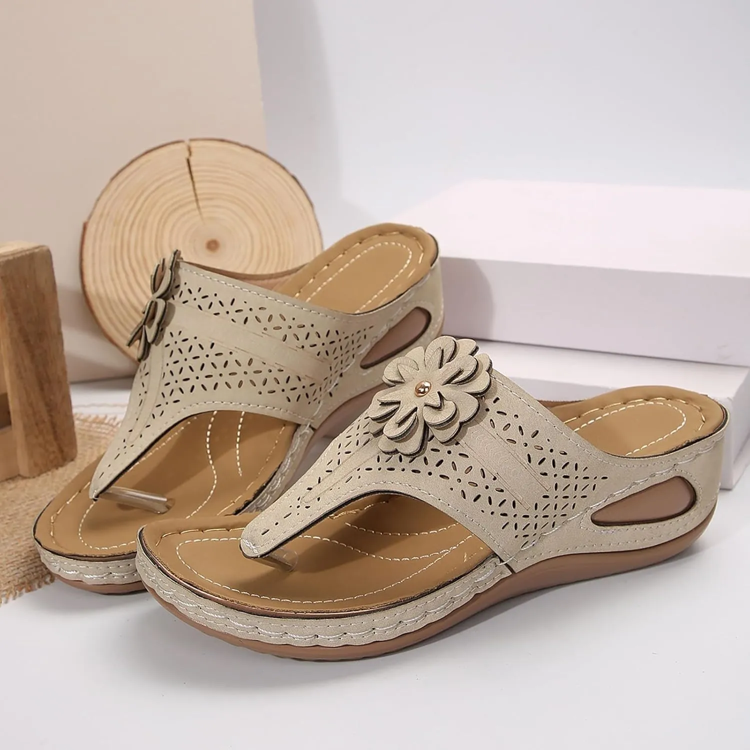 Flip Flops for Women with Arch Support Orthopedic Sandals Comfortable Walking Thong Sandals 3D Hollow Flower Wedge Sandals for Women Casual Slippers Slip On Platform Sandals Dressy Summer Beach Shoes