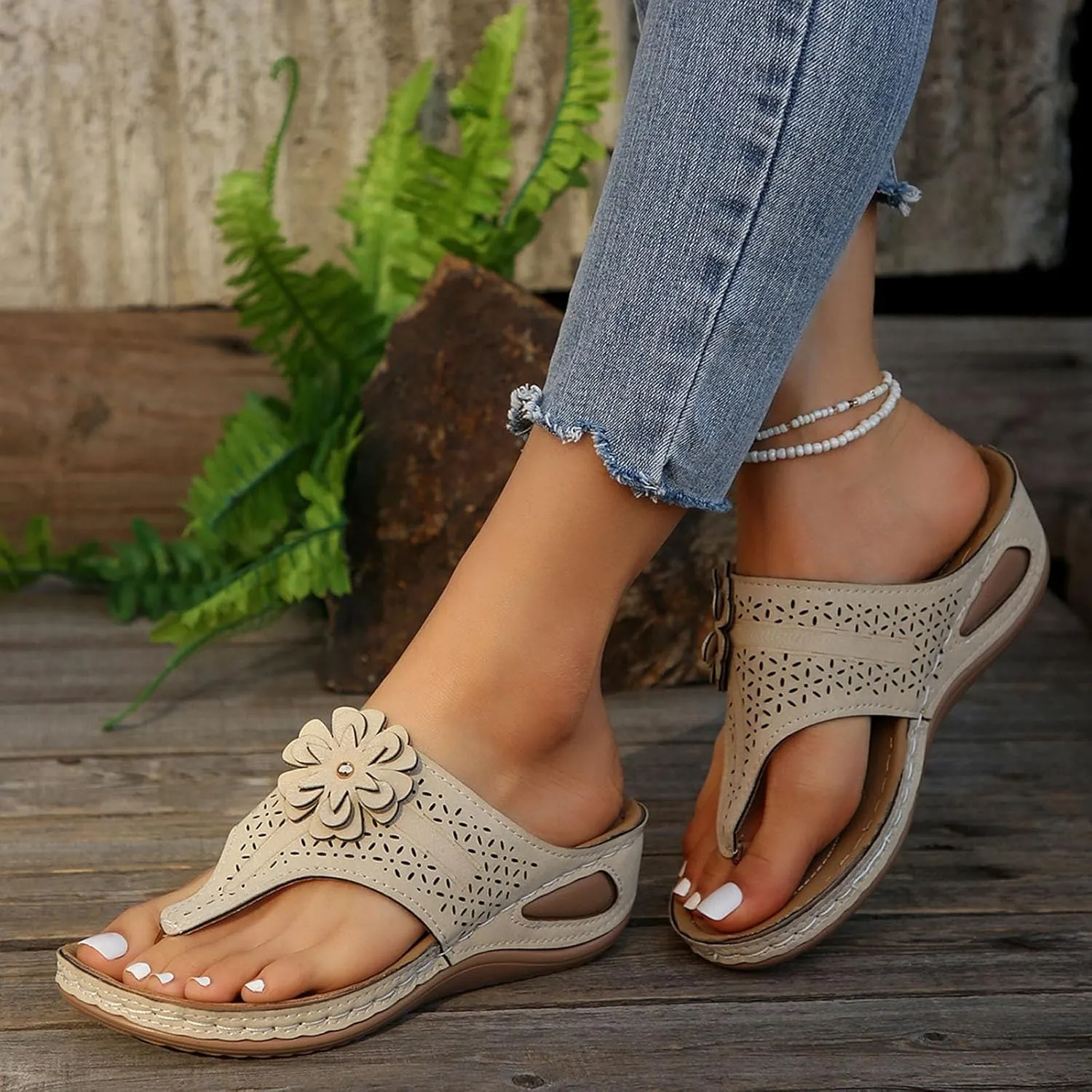 Flip Flops for Women with Arch Support Orthopedic Sandals Comfortable Walking Thong Sandals 3D Hollow Flower Wedge Sandals for Women Casual Slippers Slip On Platform Sandals Dressy Summer Beach Shoes