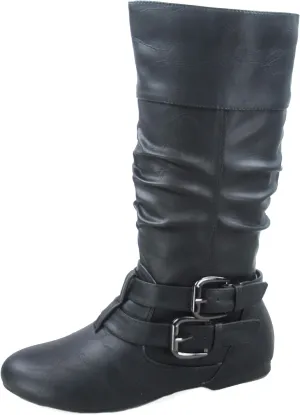 Forever Sonny-54 Women's Stylish Round Toe Buckle Zipper Slouchy Mid-Calf Riding Boots Shoes