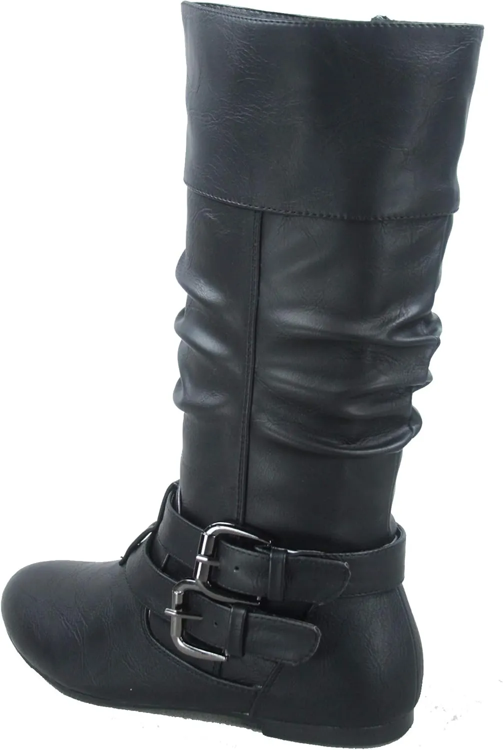 Forever Sonny-54 Women's Stylish Round Toe Buckle Zipper Slouchy Mid-Calf Riding Boots Shoes