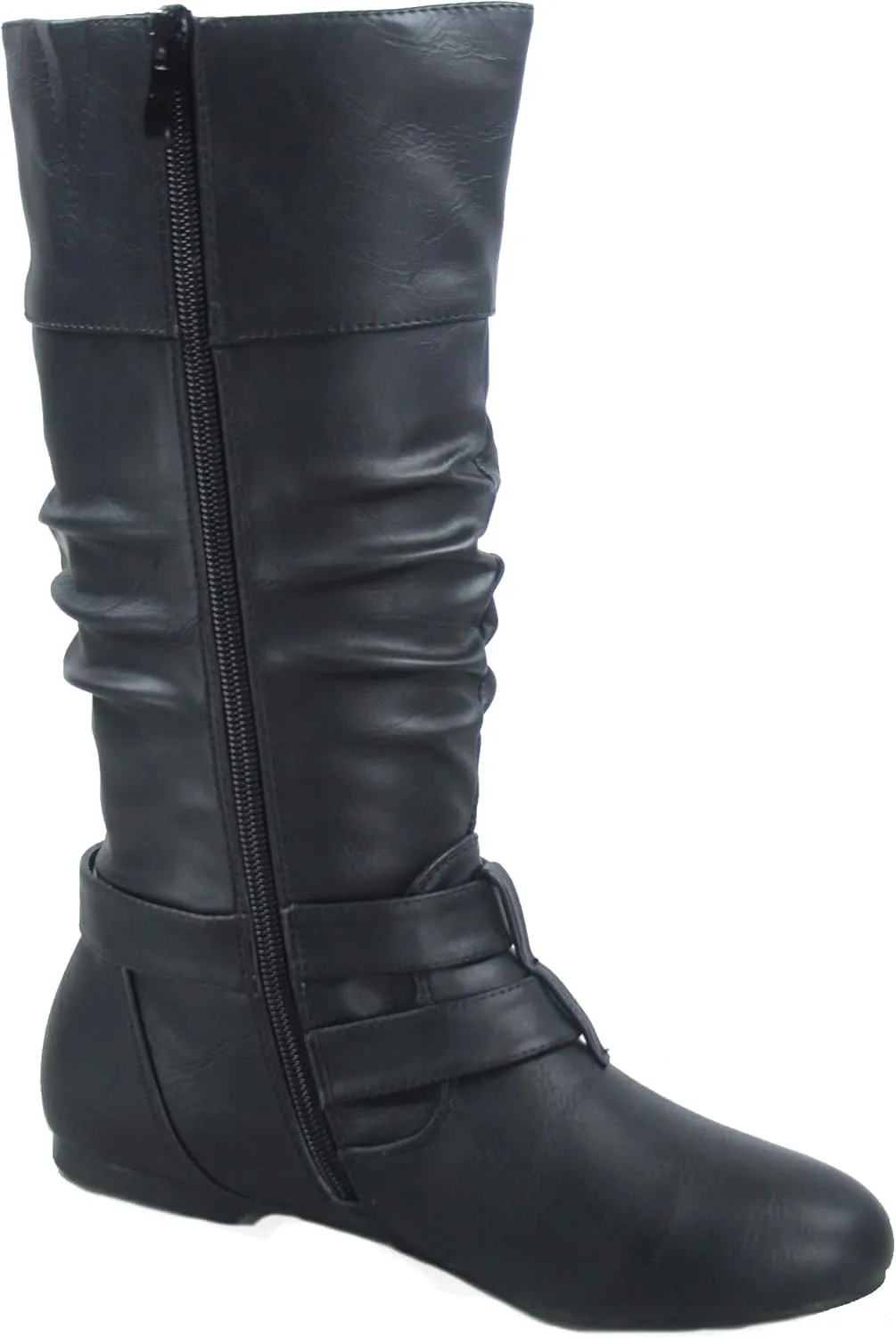 Forever Sonny-54 Women's Stylish Round Toe Buckle Zipper Slouchy Mid-Calf Riding Boots Shoes