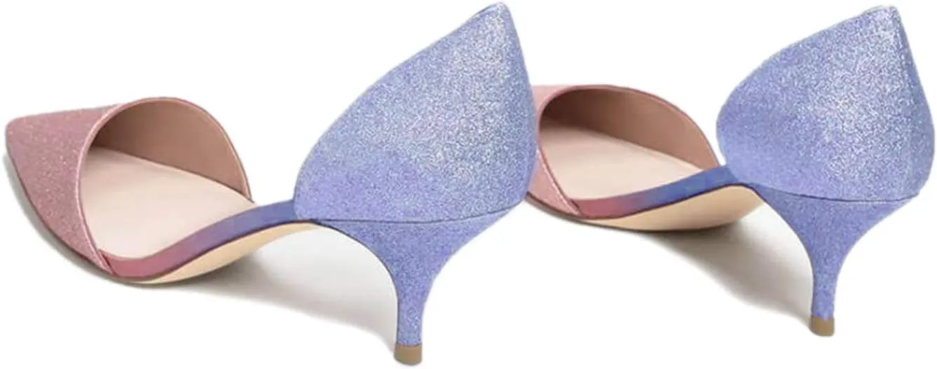 FOWT Women Closed Pointed Toe Kitten Heel Pumps Slip On Two Toned D'Orsay Low Stiletto Sandals Ladies Chic Shoes for Dress Office Party 4-16 M US