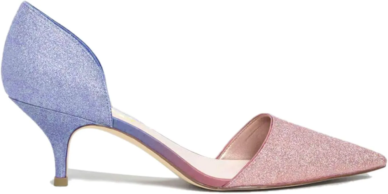 FOWT Women Closed Pointed Toe Kitten Heel Pumps Slip On Two Toned D'Orsay Low Stiletto Sandals Ladies Chic Shoes for Dress Office Party 4-16 M US
