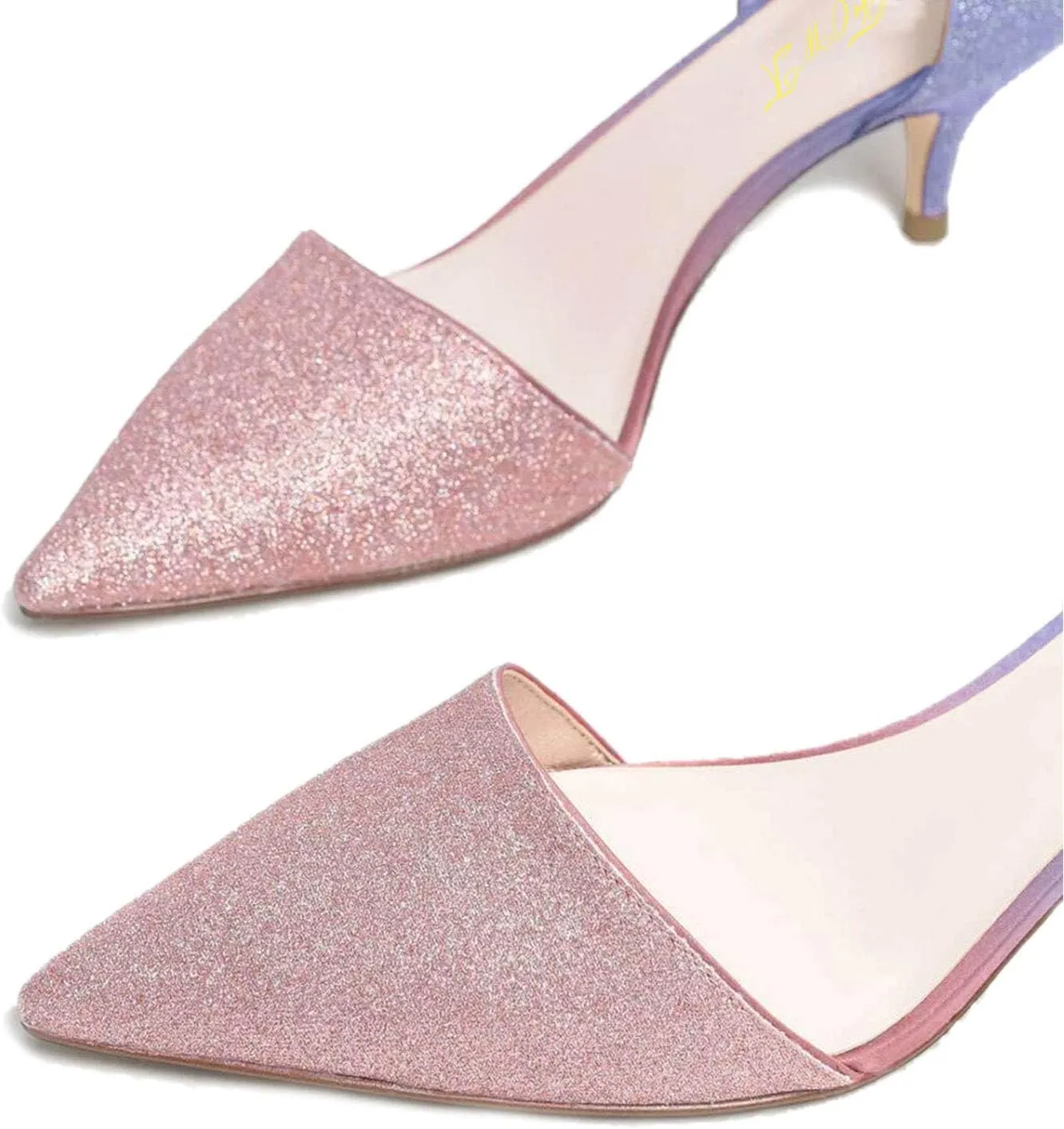 FOWT Women Closed Pointed Toe Kitten Heel Pumps Slip On Two Toned D'Orsay Low Stiletto Sandals Ladies Chic Shoes for Dress Office Party 4-16 M US