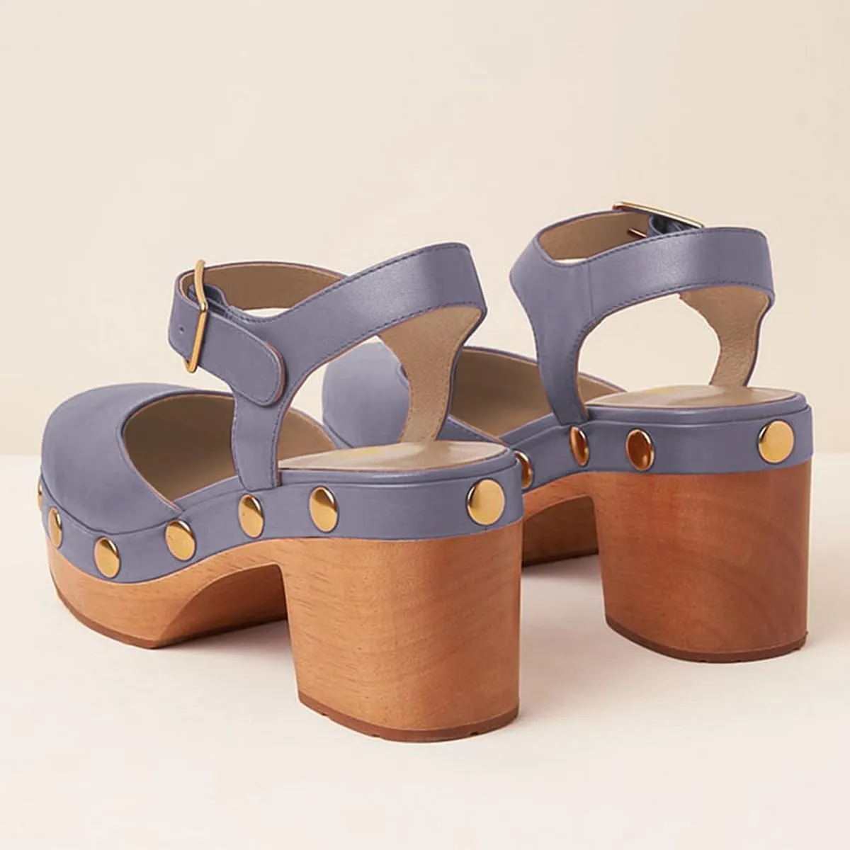 FOWT Women Round Toe Studded Platform Sandals Ankle Strap Buckle Cork Block Mid Heel Pumps for Summer Party Casual Dress Size 4-16 US