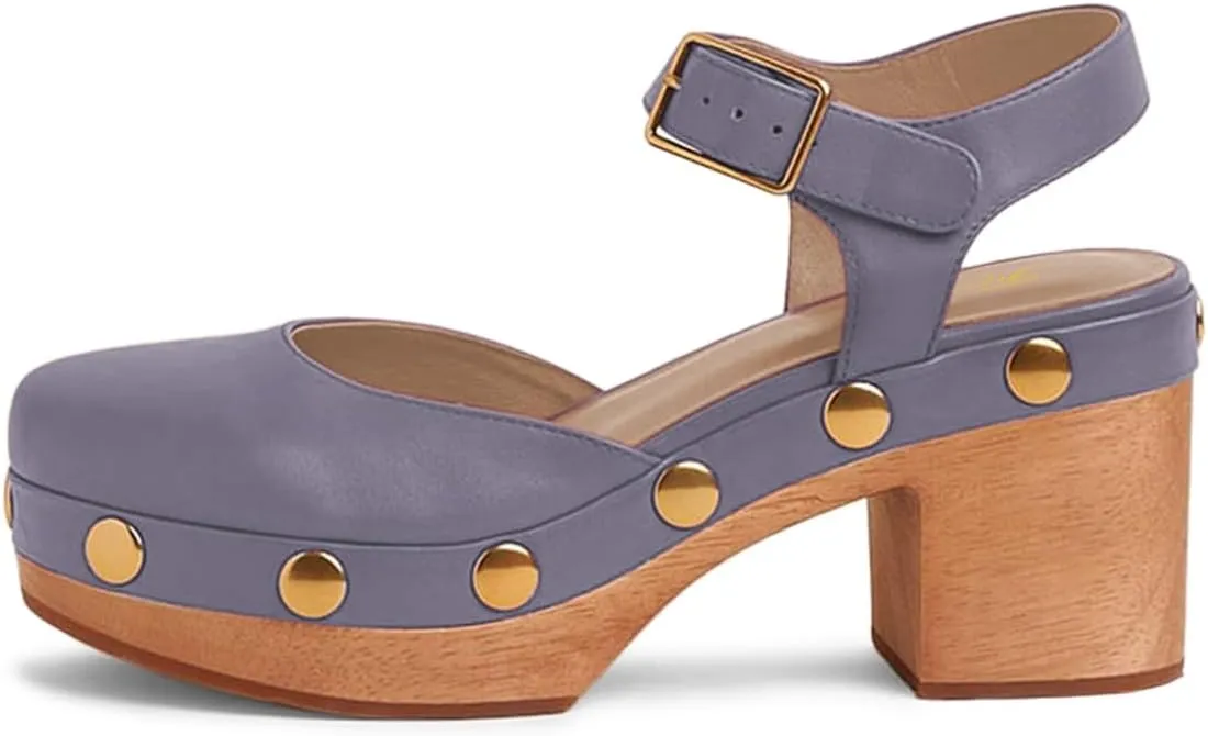 FOWT Women Round Toe Studded Platform Sandals Ankle Strap Buckle Cork Block Mid Heel Pumps for Summer Party Casual Dress Size 4-16 US