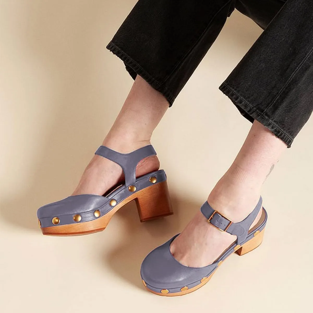 FOWT Women Round Toe Studded Platform Sandals Ankle Strap Buckle Cork Block Mid Heel Pumps for Summer Party Casual Dress Size 4-16 US