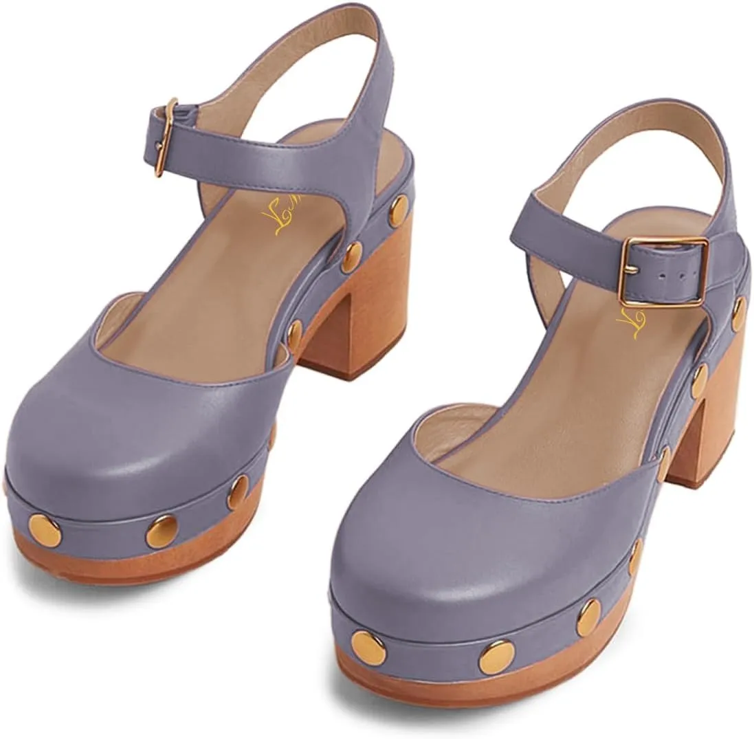 FOWT Women Round Toe Studded Platform Sandals Ankle Strap Buckle Cork Block Mid Heel Pumps for Summer Party Casual Dress Size 4-16 US
