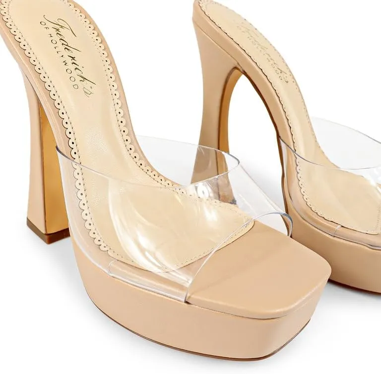 FREDERICK'S OF HOLLYWOOD Open Square Toe Platform Mule with Trapezoid Heel Slide-On Sandal - Trendy Women's Sandal with Chunky Sole, Chic Summer Footwear, FOH-Elaina