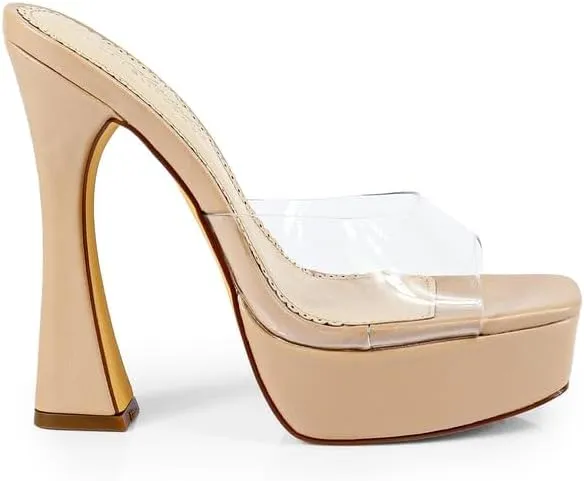 FREDERICK'S OF HOLLYWOOD Open Square Toe Platform Mule with Trapezoid Heel Slide-On Sandal - Trendy Women's Sandal with Chunky Sole, Chic Summer Footwear, FOH-Elaina