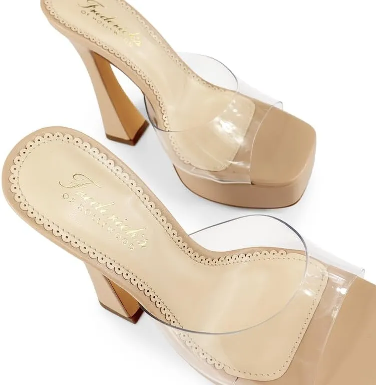 FREDERICK'S OF HOLLYWOOD Open Square Toe Platform Mule with Trapezoid Heel Slide-On Sandal - Trendy Women's Sandal with Chunky Sole, Chic Summer Footwear, FOH-Elaina