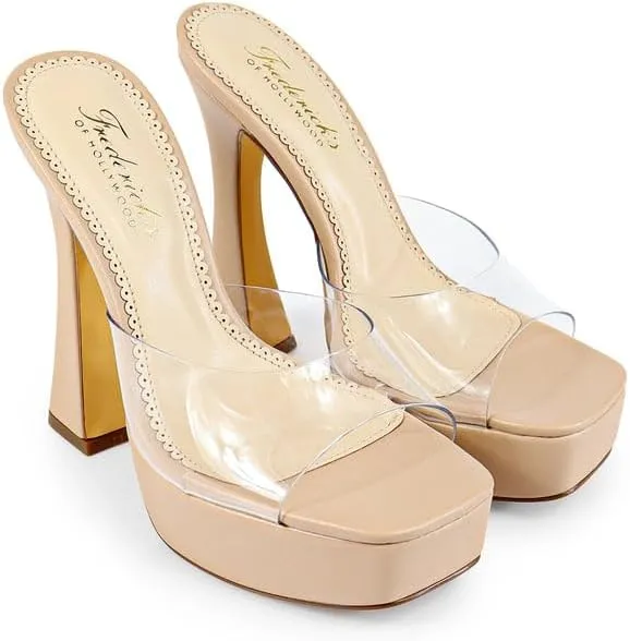 FREDERICK'S OF HOLLYWOOD Open Square Toe Platform Mule with Trapezoid Heel Slide-On Sandal - Trendy Women's Sandal with Chunky Sole, Chic Summer Footwear, FOH-Elaina