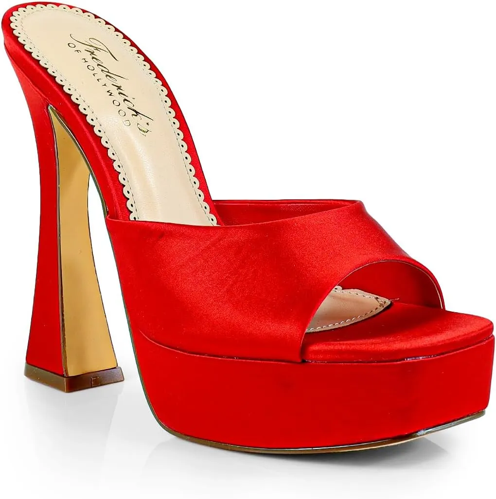 FREDERICK'S OF HOLLYWOOD Open Square Toe Platform Mule with Trapezoid Heel Slide-On Sandal - Trendy Women's Sandal with Chunky Sole, Chic Summer Footwear, FOH-ELAINA(RED, Size 9.5)