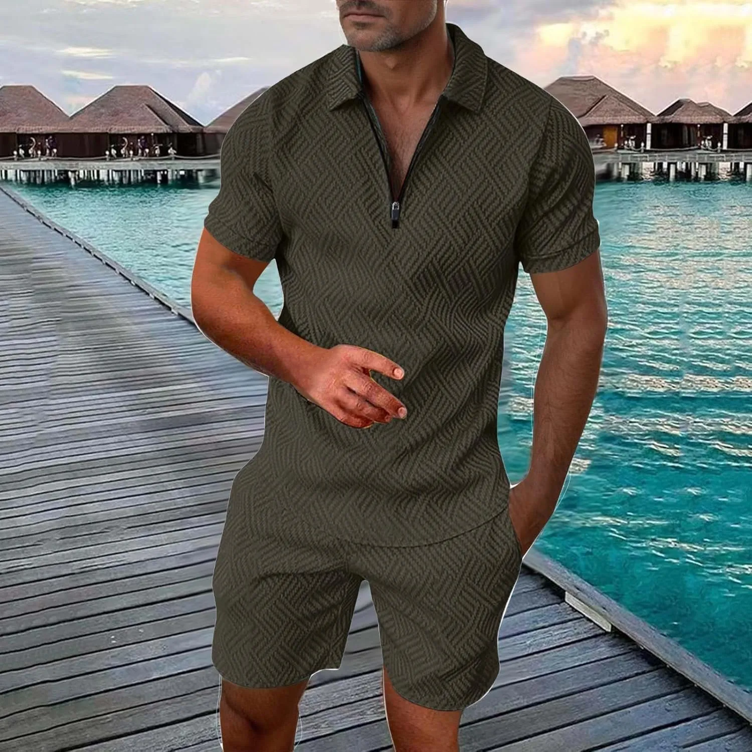 Fxbar Men‘s Summer Track Suits 2 Piece Shorts Sets Short Sleeve Sweatsuit Outfits 1/4 Zip Golf Polo Shirts Loungewear
