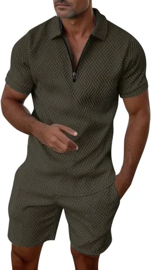 Fxbar Men‘s Summer Track Suits 2 Piece Shorts Sets Short Sleeve Sweatsuit Outfits 1/4 Zip Golf Polo Shirts Loungewear