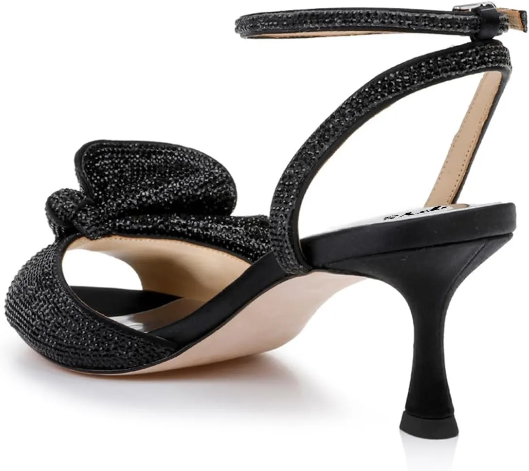 FYS Women Cute Rhinestones Bow Peep Toe Low Kitten Heel Ankle Strap Sandals Satin Dress Pumps Wedding Banquet Ladies Shoes Size 4-15 US