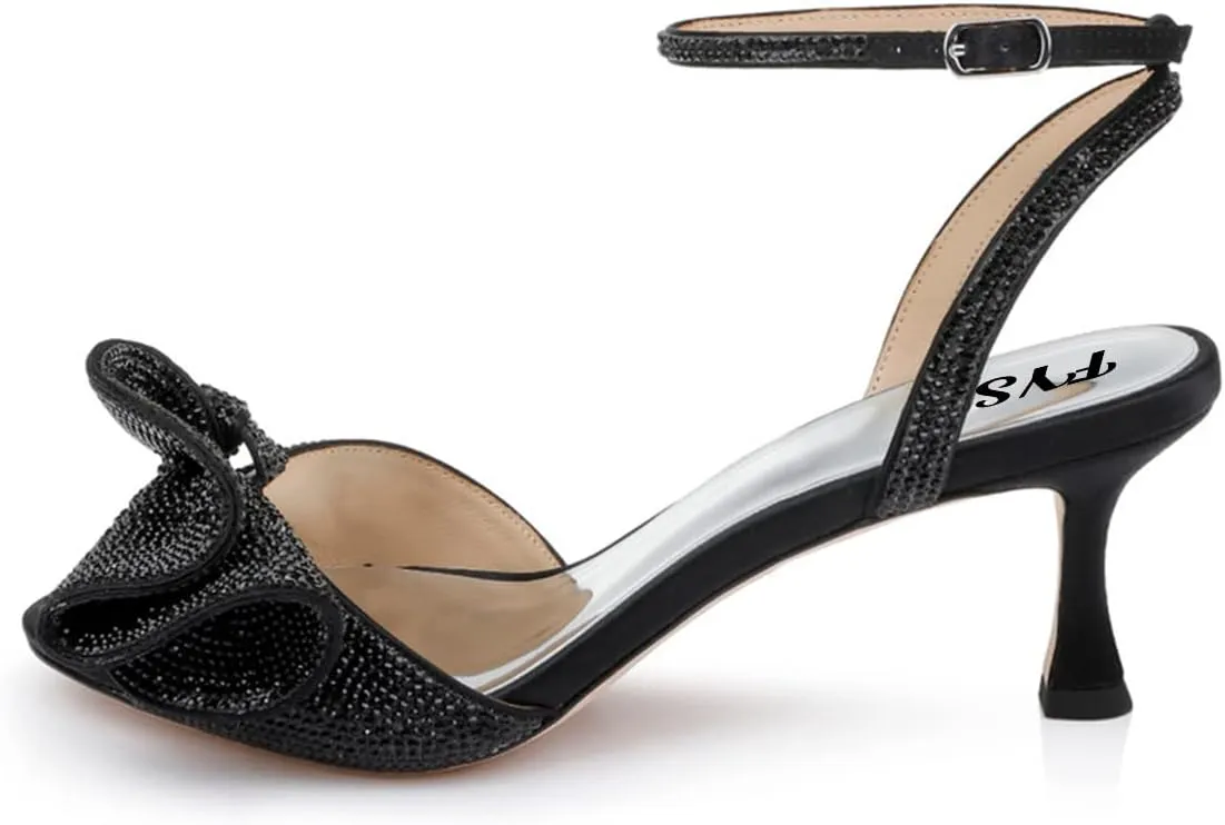 FYS Women Cute Rhinestones Bow Peep Toe Low Kitten Heel Ankle Strap Sandals Satin Dress Pumps Wedding Banquet Ladies Shoes Size 4-15 US