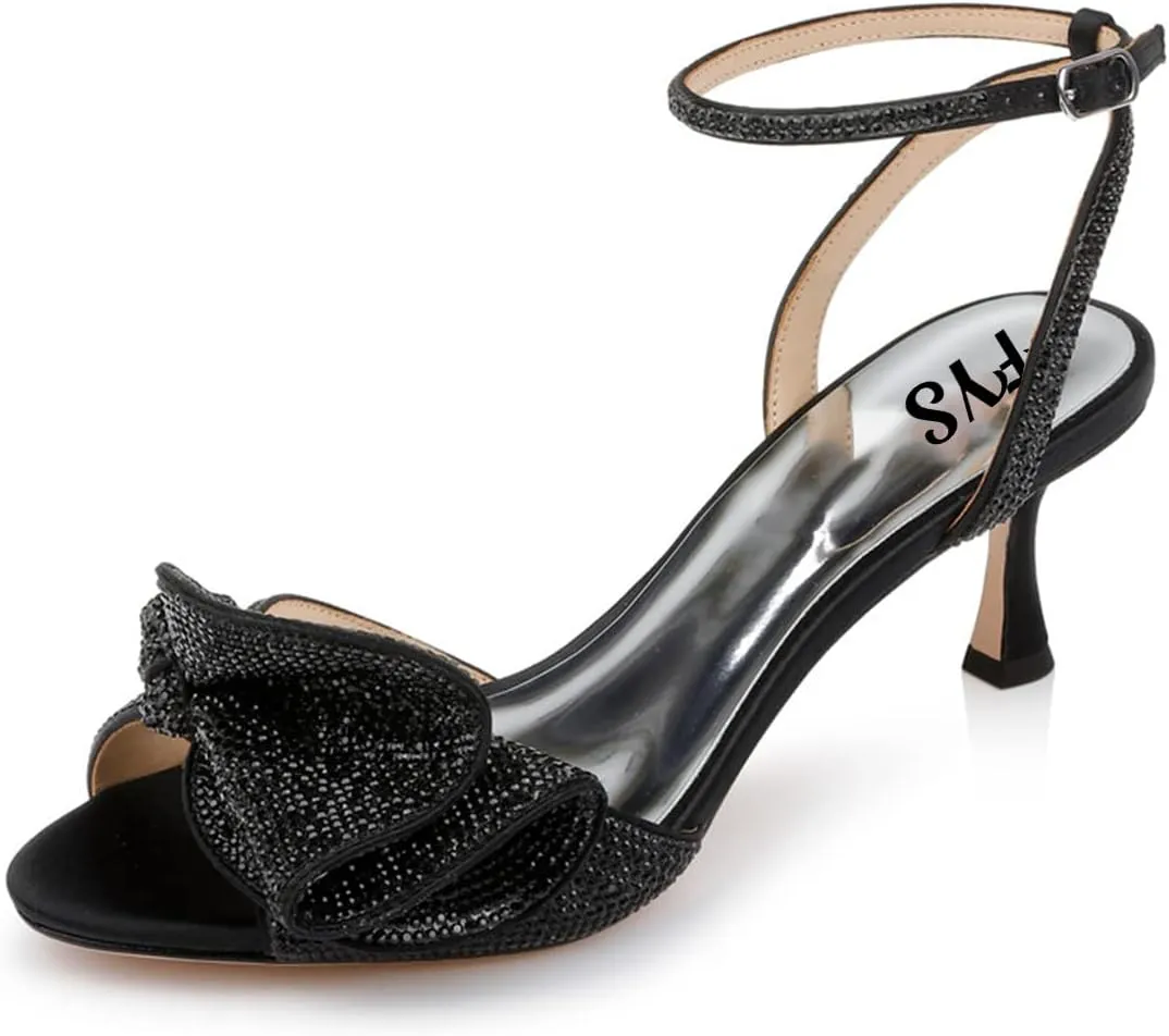 FYS Women Cute Rhinestones Bow Peep Toe Low Kitten Heel Ankle Strap Sandals Satin Dress Pumps Wedding Banquet Ladies Shoes Size 4-15 US