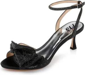 FYS Women Cute Rhinestones Bow Peep Toe Low Kitten Heel Ankle Strap Sandals Satin Dress Pumps Wedding Banquet Ladies Shoes Size 4-15 US