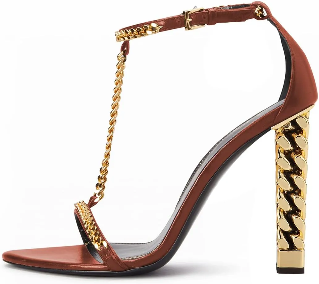 FYS Women Stylish Chain T-Strap Sandals Open Toe Gold Metal Chunky High Heel Ankle Strap Pumps with Buckled Dress Prom Party Shoes Size 4-15 US