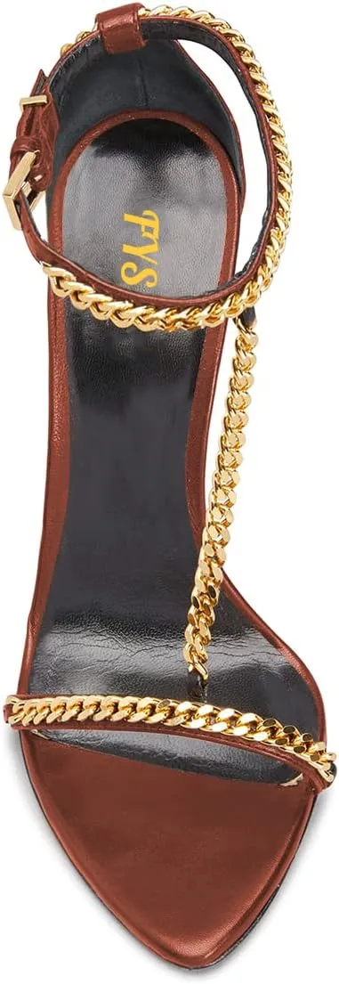 FYS Women Stylish Chain T-Strap Sandals Open Toe Gold Metal Chunky High Heel Ankle Strap Pumps with Buckled Dress Prom Party Shoes Size 4-15 US